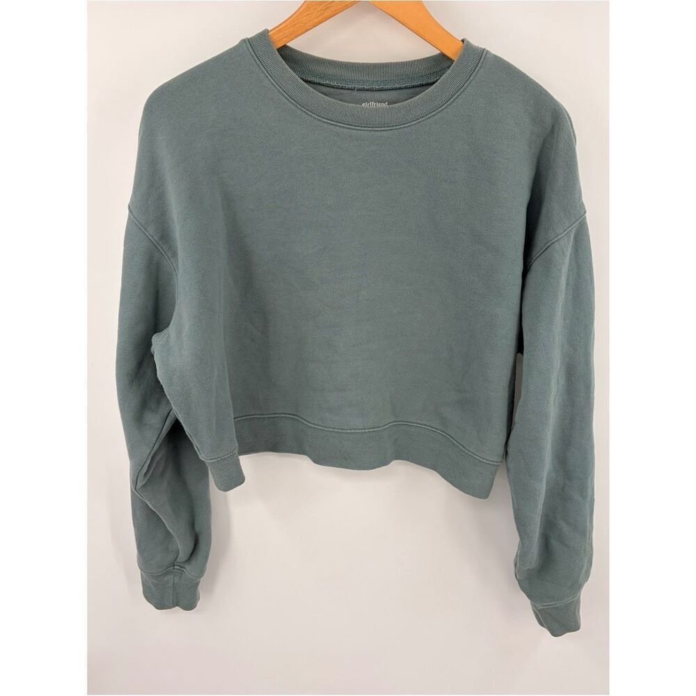 Girlfriend Collective cropped fleece teal pullover crewneck women’s M loungewear